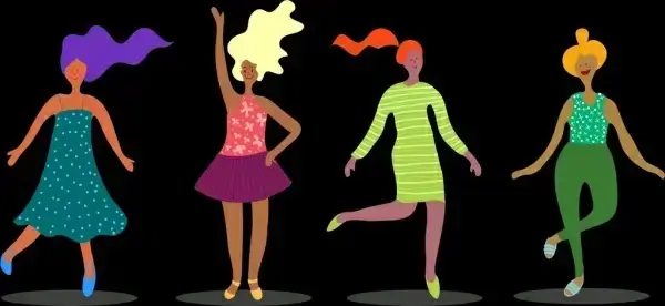 dancing woman icons cartoon characters sketch colorful design