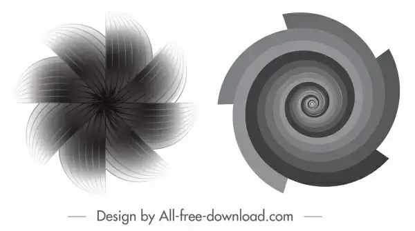 decorated illusive icons black white twisted motion shapes