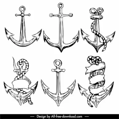decorative anchor icons black white retro handdrawn sketch