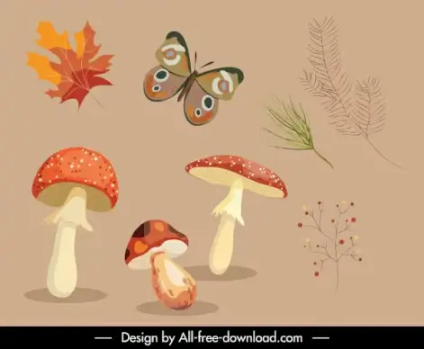 decorative autumn design elements mushroon butterflies plants sketch