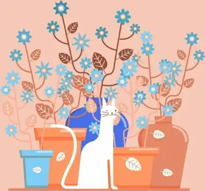 decorative background flower pots cat sketch classical flat