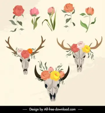 decorative botanical skulls icons colorful classical sketch