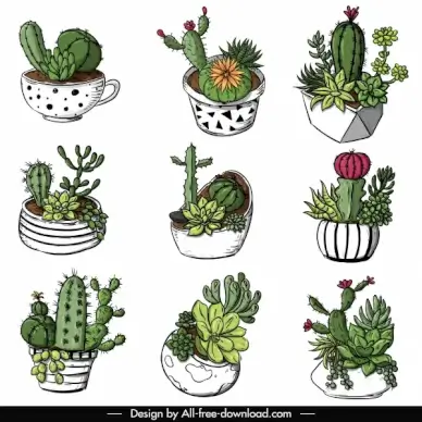 decorative cactus pot icons classical colorful handdrawn sketch