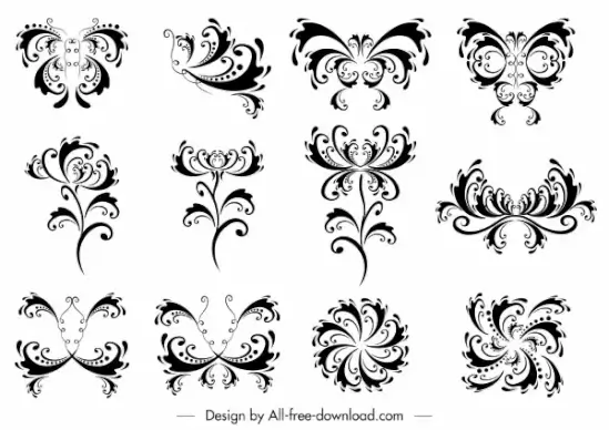 decorative elements collection black white symmetric swirled shapes