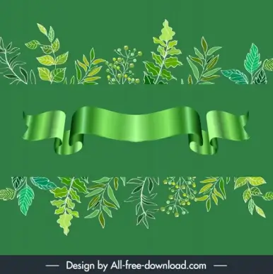 decorative elements green leaves 3d ribbon sketch