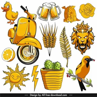 decorative elements icons yellow classical handdrawn emblems