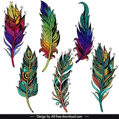 decorative feather icons colorful classic ethnic handdrawn design