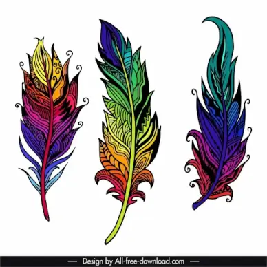 decorative feather icons colorfull ethnic decor handdrawn outline