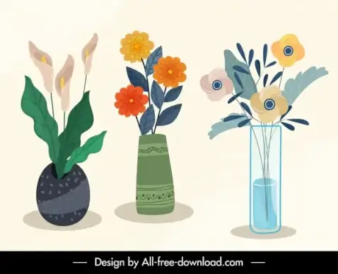 decorative flowers pots icons elegant flat classic handdrawn