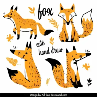 decorative fox icons cute classic handdrawn outline