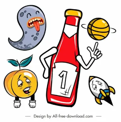 decorative icons stylized objects colorful handdrawn flat sketch