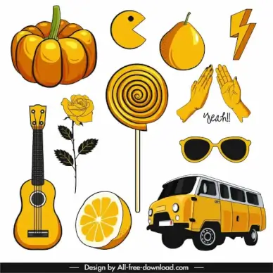 decorative icons yellow decor handdrawn classic sketch