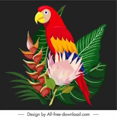 decorative nature element colorful parrot flowers leaves sketch