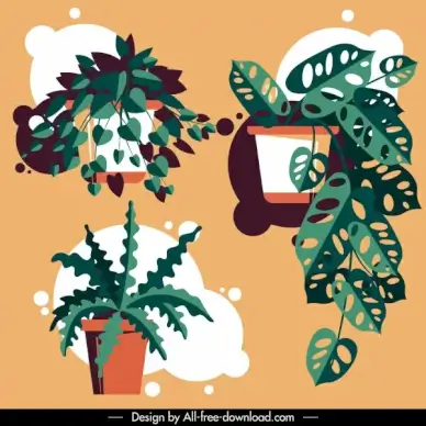 decorative plant pots icons colred classic leaves sketch