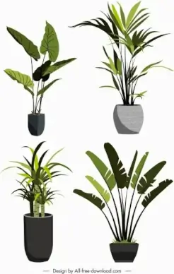decorative plant pots icons fresh green leaves sketch