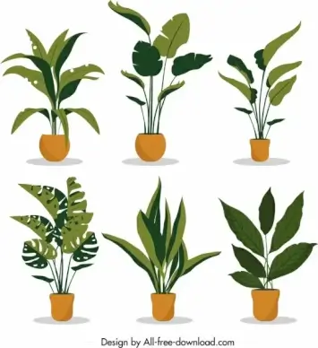 decorative plants icons collection tree leaf pot decor