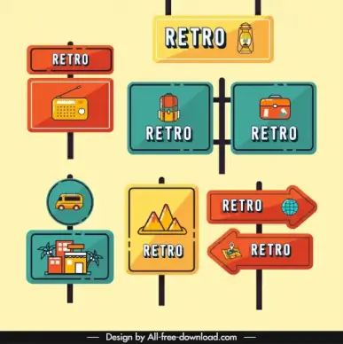 decorative signboard template flat retro symbols sketch
