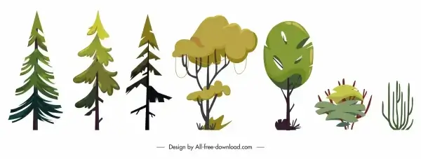 decorative trees icons colored flat shapes sketch