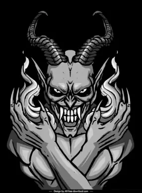 demon head icon symmetric classical cartoon handdrawn outline symmetric design 