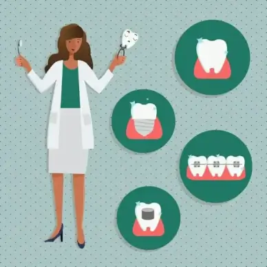 dentistry banner female dentist tooth icons circles isolation