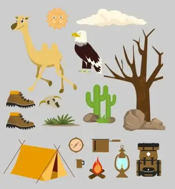 desert design elements natural icons camping accessories objects