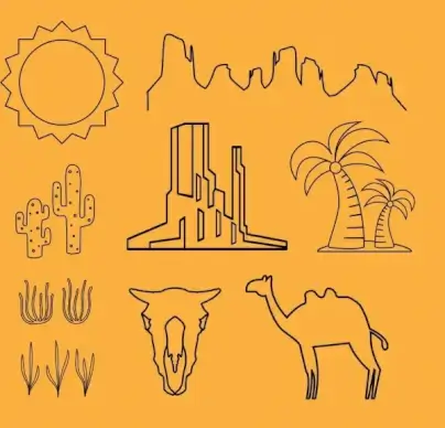 desert design elements outline hand drawn flat style