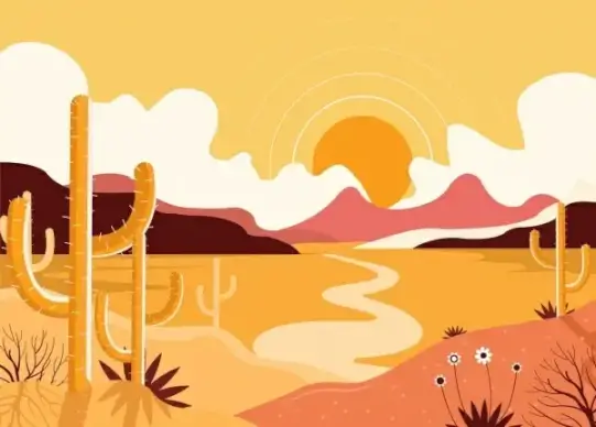 desert landscape background sun cactus icons colored classical