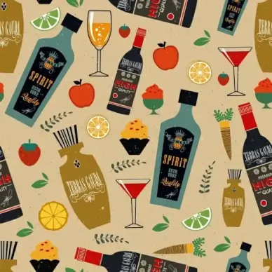 desert pattern wine bottles wineglasses fruit cream icons