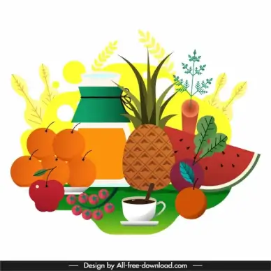dessert background fruits tea sketch colorful flat design