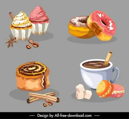 dessert design elements classical handdrawn cakes coffee sketch