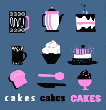 dessert design elements flat black pink white icons