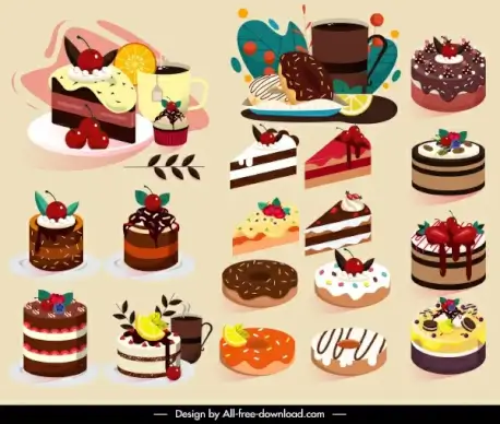 dessert icons cake shapes sketch colorful decor