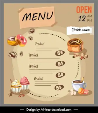 dessert menu template classical handdrawn food drink sketch