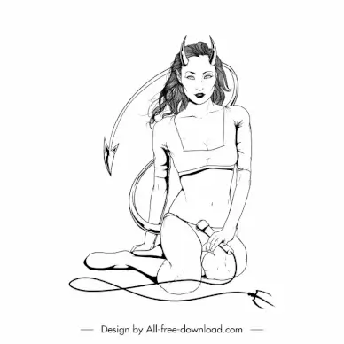 devil girl icon black white handdrawn cartoon sketch