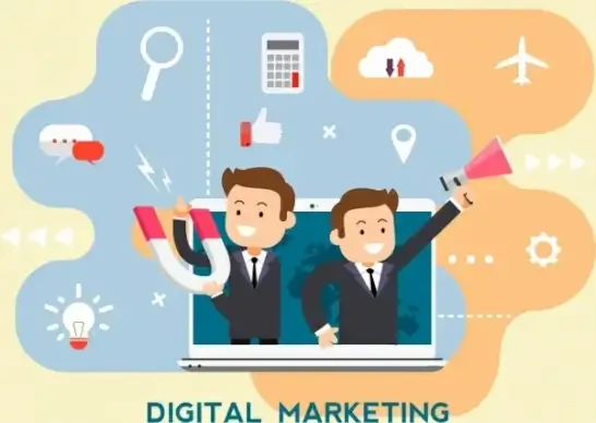 digital marketing background businessmen laptop media elements decor