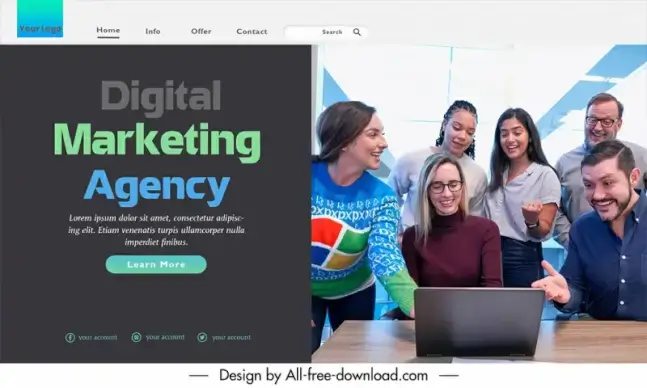 digital marketing landing page template realistic modern design excited business staffs sketch