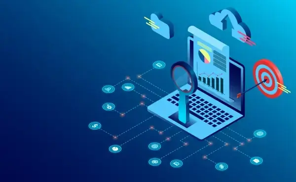 digital technology concept search engine analytics seo success flat vector banner concept isometric