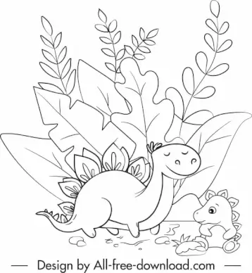 dinosaur drawing cute black white handdrawn cartoon sketch