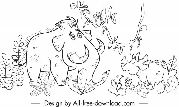 dinosaur painting cute black white cartoon handdrawn sketch