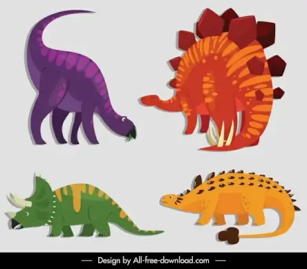 dinosaurs icons colored cartoon sketch