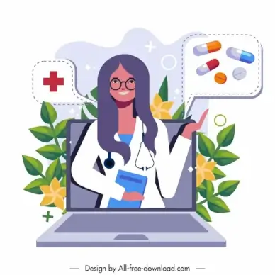 doctor job background laptop woman drugs sketch