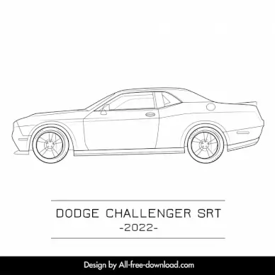 dodge challenger srt 2022 car advertising template flat black white handdrawn side view outline