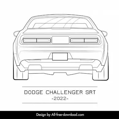 dodge challenger srt 2022 car model icon flat black white handdrawn back view outline