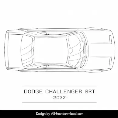 dodge challenger srt 2022 car model icon flat black white handdrawn top view sketch