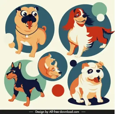 dog avatar icons cute cartoon sketch circle isolation