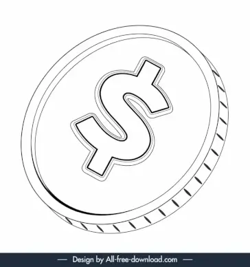 dollar coin sign icon black white 3d circle shape outline