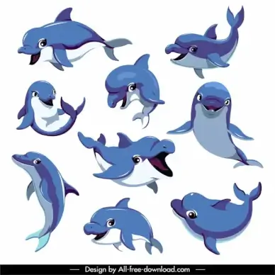 dolphin icons funny cartoon design motion sketch