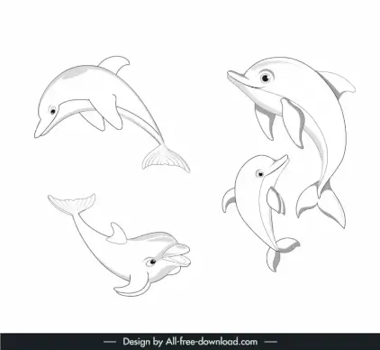 dolphin swimming deisng elements collection black white handdrawn  outline 