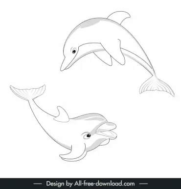 dolphin swimming design elements handdrawn outline  