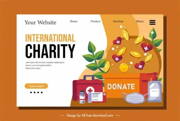 donation webpage template hearts coins medical supplies sketch